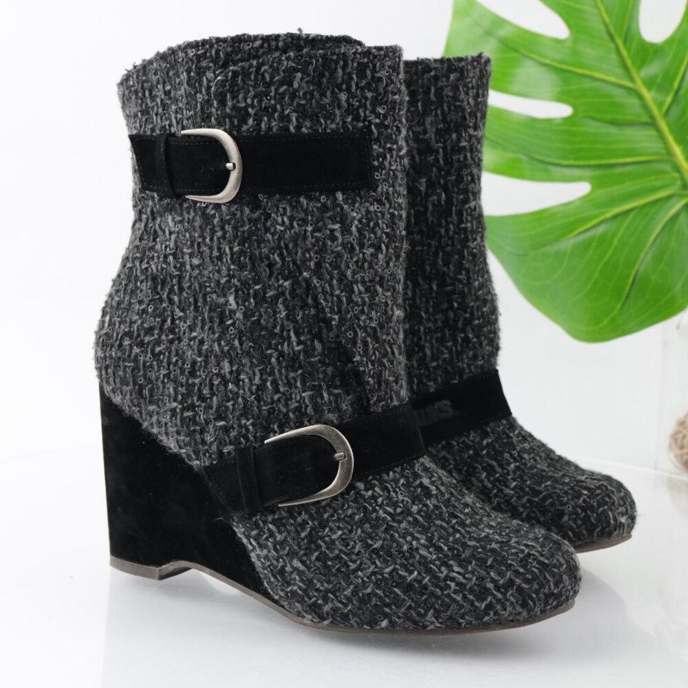 MUKLUKS Womens Melissa Boots Size‎ 9 Gray Tweed Black Buckle Wedge Heel Booties